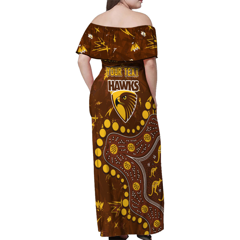 Personalized Hawthorn Hawks Family Matching Off Shoulder Maxi Dress and Hawaiian Shirt Aboriginal Pattern with Graffiti Style
