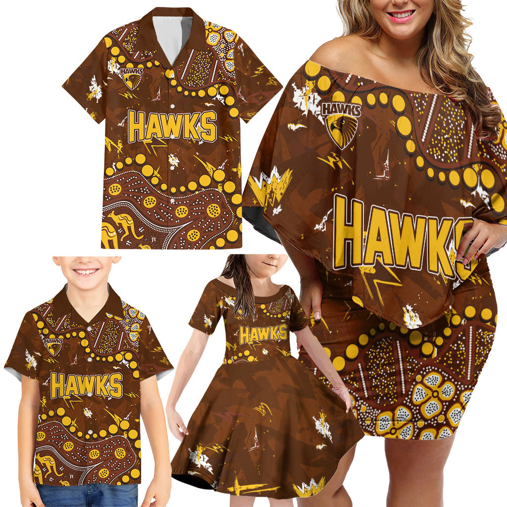 Personalized Hawthorn Hawks Family Matching Off Shoulder Short Dress and Hawaiian Shirt Aboriginal Pattern with Graffiti Style
