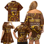 Personalized Hawthorn Hawks Family Matching Off Shoulder Short Dress and Hawaiian Shirt Aboriginal Pattern with Graffiti Style