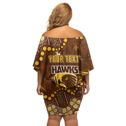Personalized Hawthorn Hawks Family Matching Off Shoulder Short Dress and Hawaiian Shirt Aboriginal Pattern with Graffiti Style