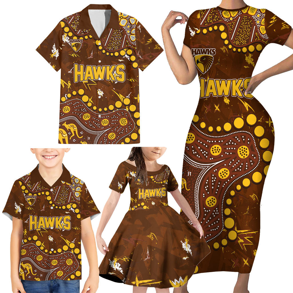 Personalized Hawthorn Hawks Family Matching Short Sleeve Bodycon Dress and Hawaiian Shirt Aboriginal Pattern with Graffiti Style