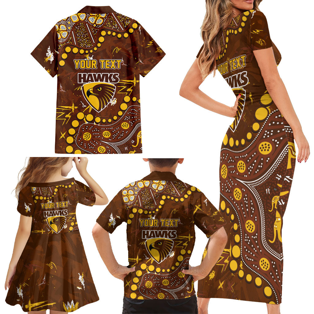 Personalized Hawthorn Hawks Family Matching Short Sleeve Bodycon Dress and Hawaiian Shirt Aboriginal Pattern with Graffiti Style