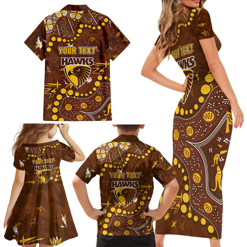 Personalized Hawthorn Hawks Family Matching Short Sleeve Bodycon Dress and Hawaiian Shirt Aboriginal Pattern with Graffiti Style