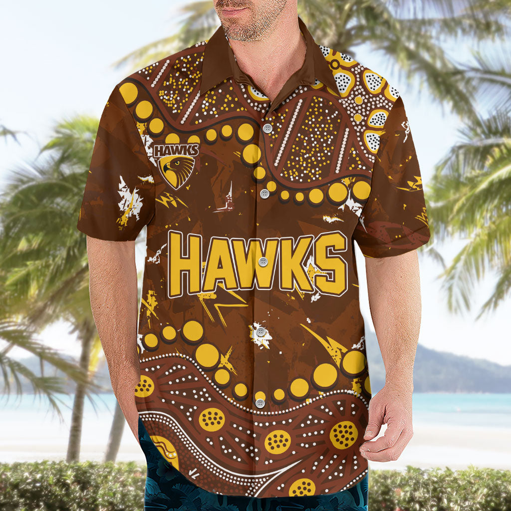 Personalized Hawthorn Hawks Hawaiian Shirt Aboriginal Pattern with Graffiti Style