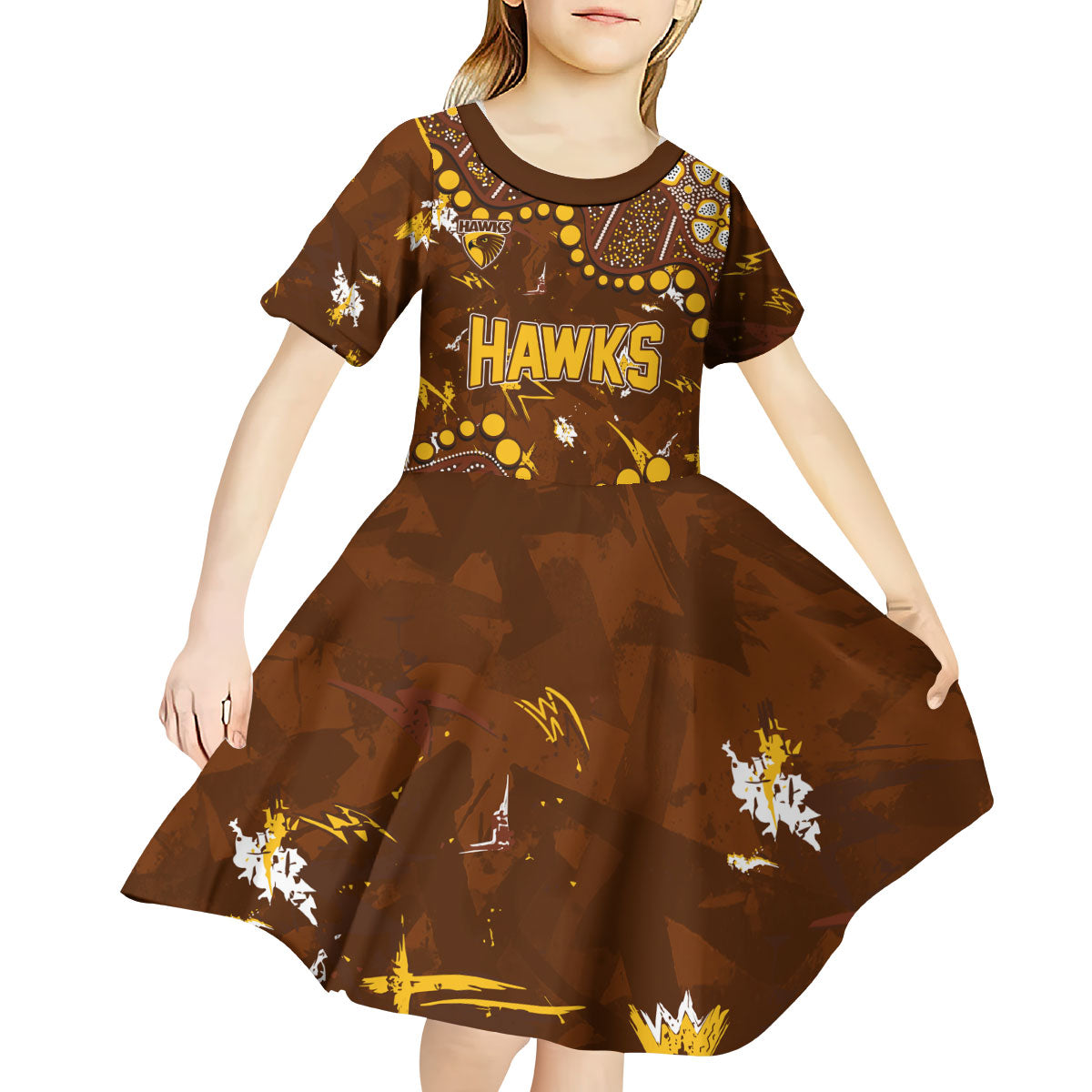 Personalized Hawthorn Hawks Kid Short Sleeve Dress Aboriginal Pattern with Graffiti Style