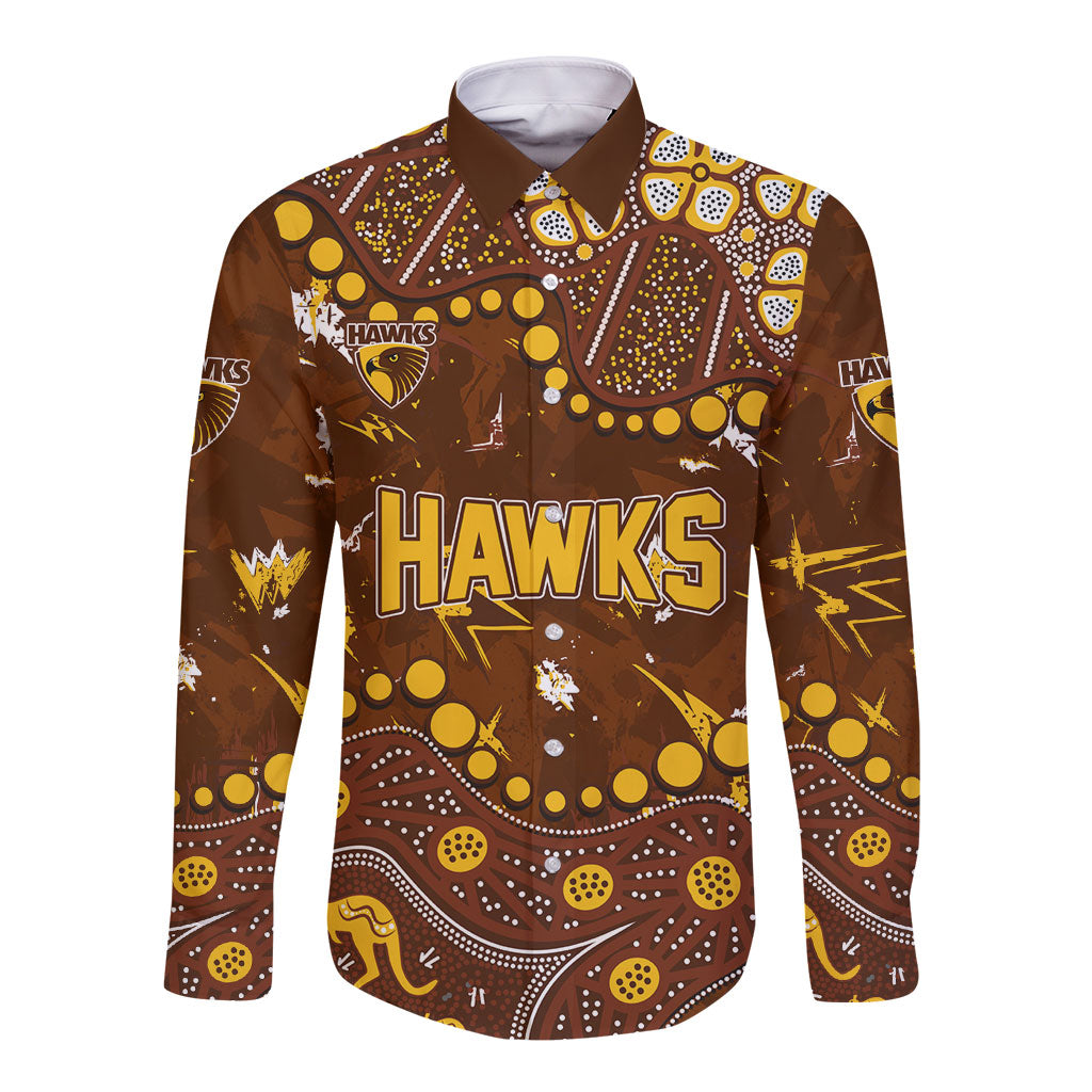 Personalized Hawthorn Hawks Long Sleeve Button Shirt Aboriginal Pattern with Graffiti Style