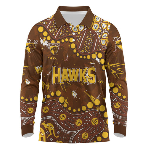 Personalized Hawthorn Hawks Long Sleeve Polo Shirt Aboriginal Pattern with Graffiti Style