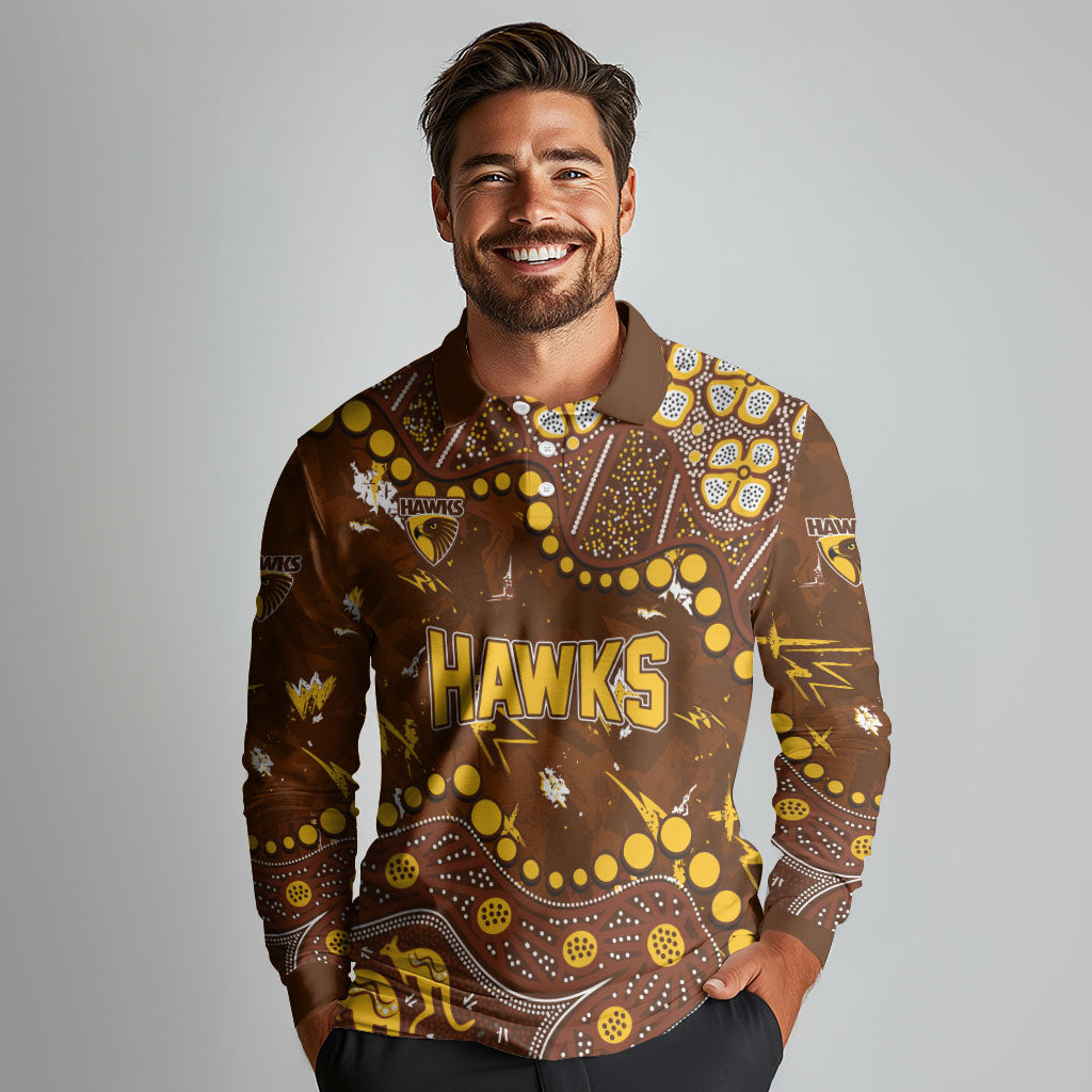 Personalized Hawthorn Hawks Long Sleeve Polo Shirt Aboriginal Pattern with Graffiti Style