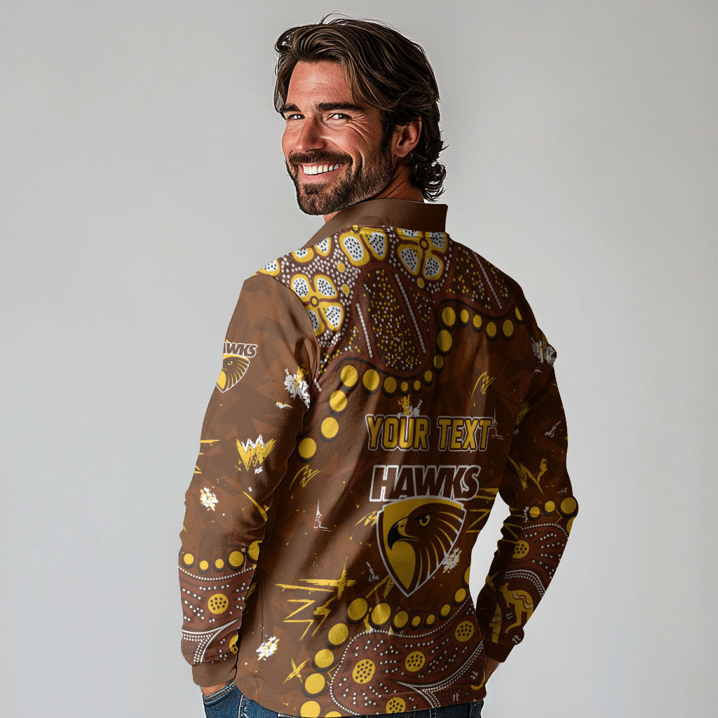 Personalized Hawthorn Hawks Long Sleeve Polo Shirt Aboriginal Pattern with Graffiti Style