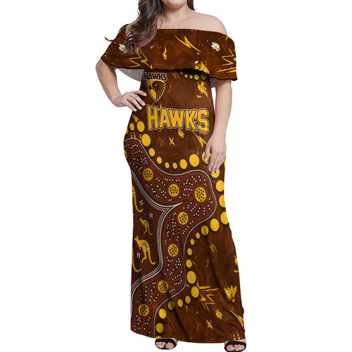 Personalized Hawthorn Hawks Off Shoulder Maxi Dress Aboriginal Pattern with Graffiti Style