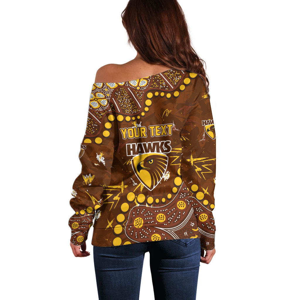 Personalized Hawthorn Hawks Off Shoulder Sweater Aboriginal Pattern with Graffiti Style