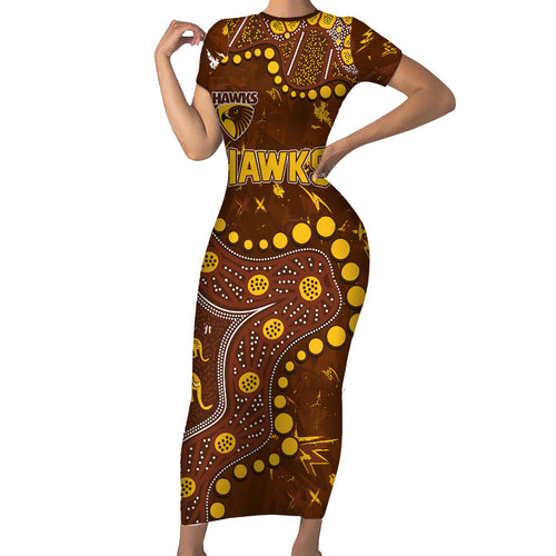 Personalized Hawthorn Hawks Short Sleeve Bodycon Dress Aboriginal Pattern with Graffiti Style