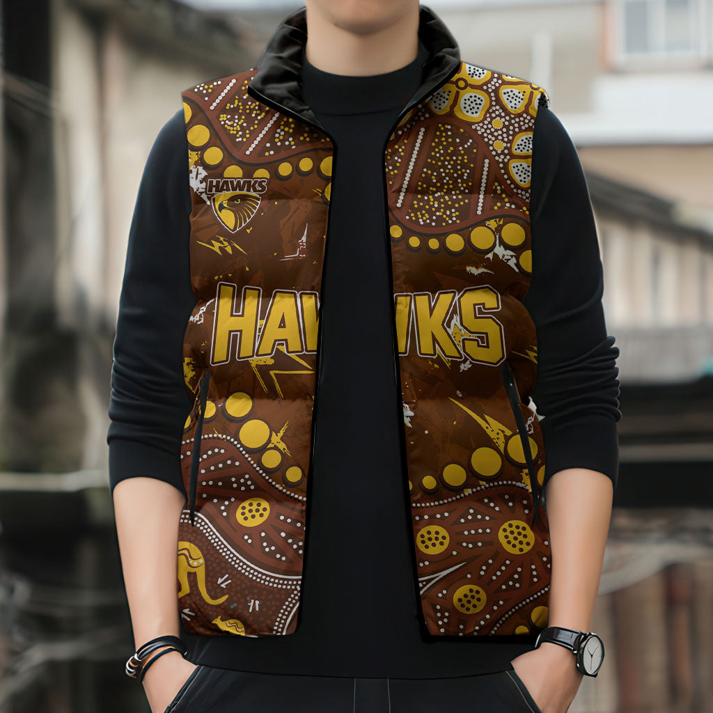 Personalized Hawthorn Hawks Sleeveless Puffer Jacket Aboriginal Pattern with Graffiti Style