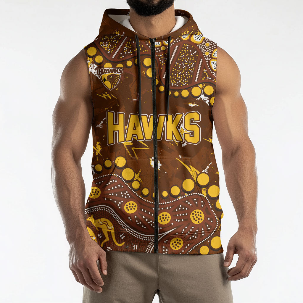 Personalized Hawthorn Hawks Sleeveless Zip Hoodie Aboriginal Pattern with Graffiti Style