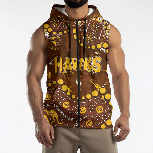 Personalized Hawthorn Hawks Sleeveless Zip Hoodie Aboriginal Pattern with Graffiti Style