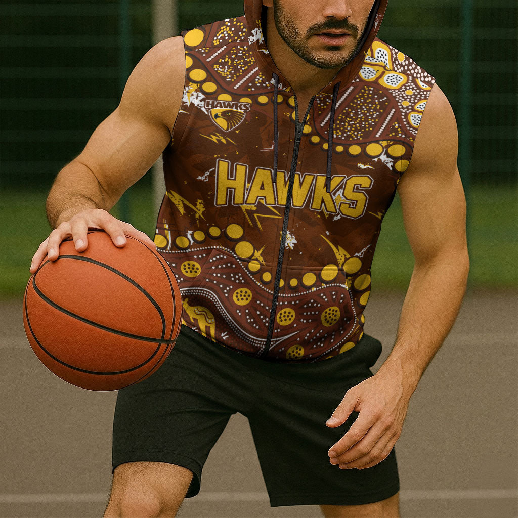 Personalized Hawthorn Hawks Sleeveless Zip Hoodie Aboriginal Pattern with Graffiti Style