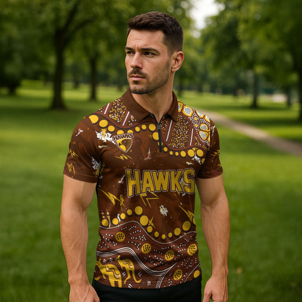 Personalized Hawthorn Hawks Zipper Polo Shirt Aboriginal Pattern with Graffiti Style