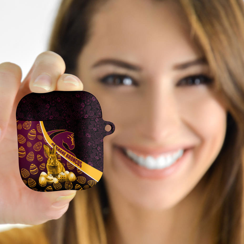 Brisbane Broncos Easter Day AirPods Case Bunny and Egg Pattern in Gold Maroon Festive Style