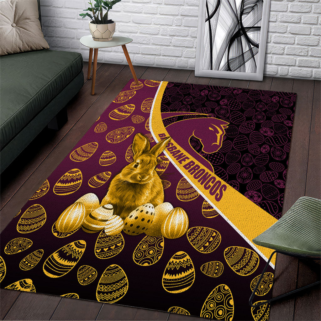 Brisbane Broncos Easter Day Area Rug Bunny and Egg Pattern in Gold Maroon Festive Style