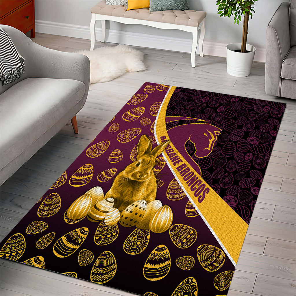 Brisbane Broncos Easter Day Area Rug Bunny and Egg Pattern in Gold Maroon Festive Style