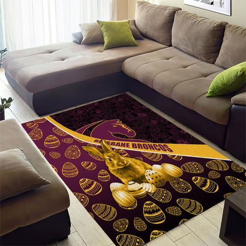 Brisbane Broncos Easter Day Area Rug Bunny and Egg Pattern in Gold Maroon Festive Style