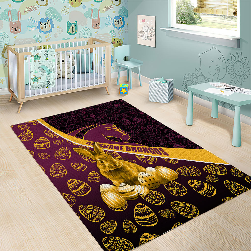 Brisbane Broncos Easter Day Area Rug Bunny and Egg Pattern in Gold Maroon Festive Style