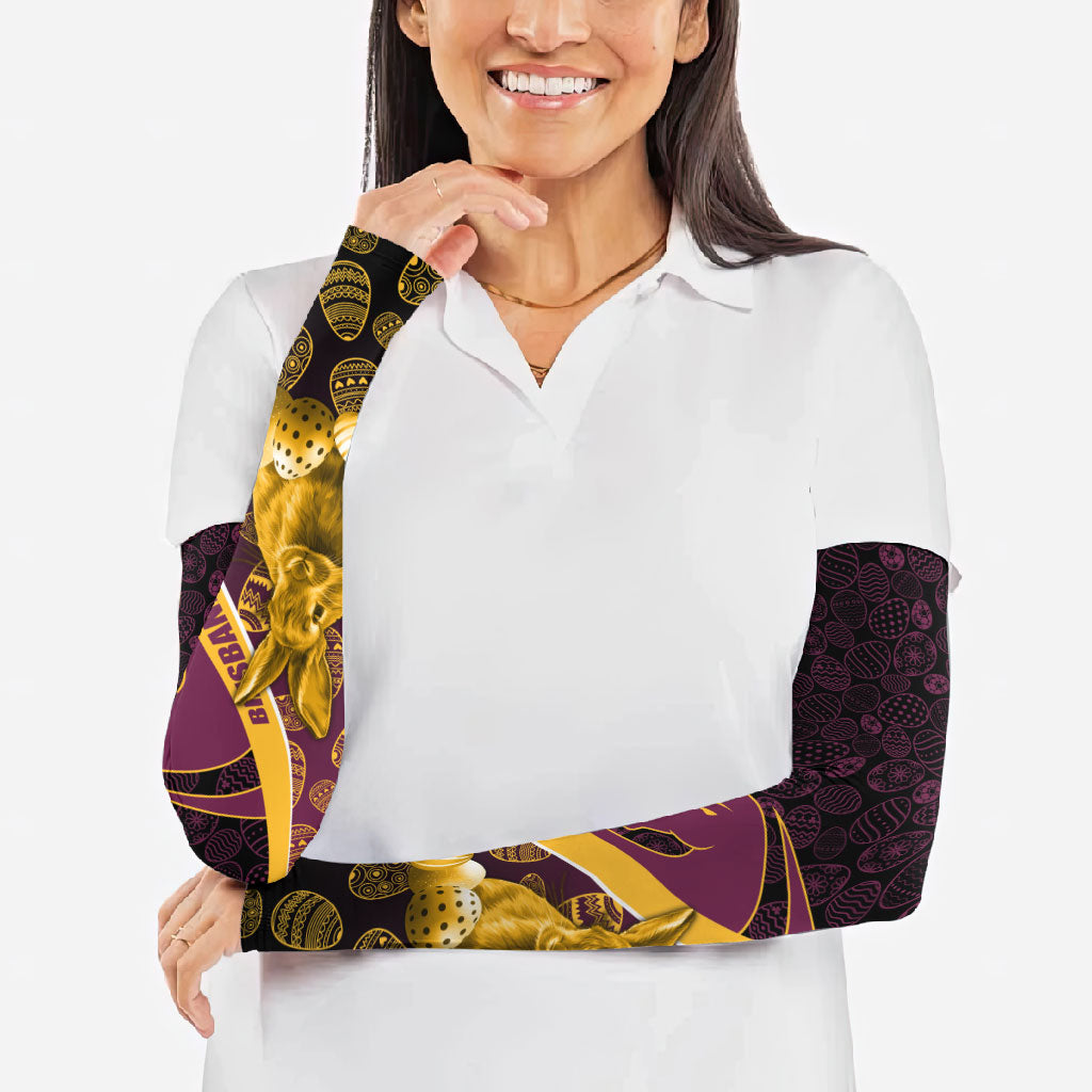 Brisbane Broncos Easter Day Arm Sleeves Bunny and Egg Pattern in Gold Maroon Festive Style