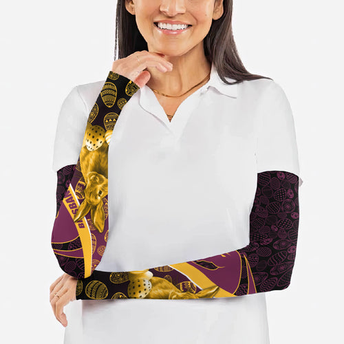 Brisbane Broncos Easter Day Arm Sleeves Bunny and Egg Pattern in Gold Maroon Festive Style