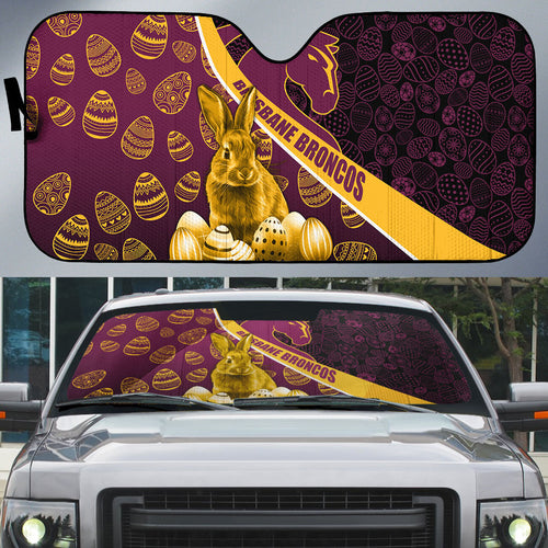 Brisbane Broncos Easter Day Auto Sun Shade Bunny and Egg Pattern in Gold Maroon Festive Style