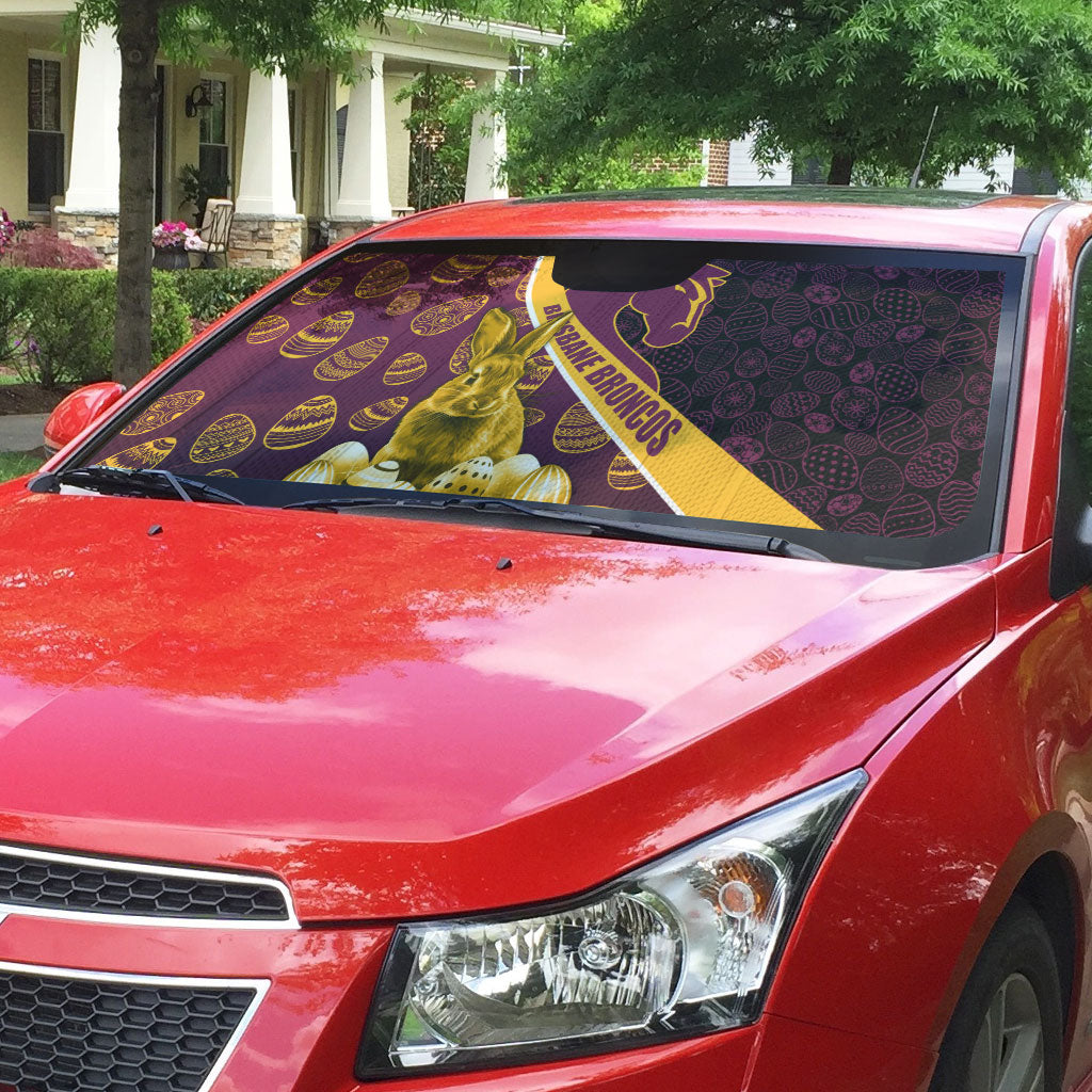 Brisbane Broncos Easter Day Auto Sun Shade Bunny and Egg Pattern in Gold Maroon Festive Style