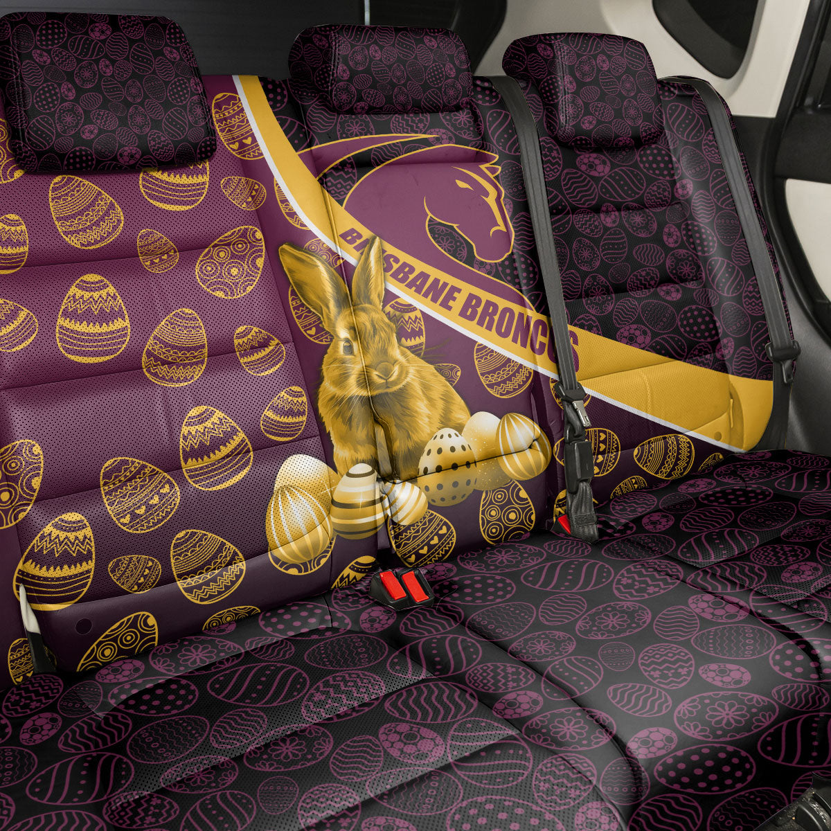 Brisbane Broncos Easter Day Back Car Seat Cover Bunny and Egg Pattern in Gold Maroon Festive Style