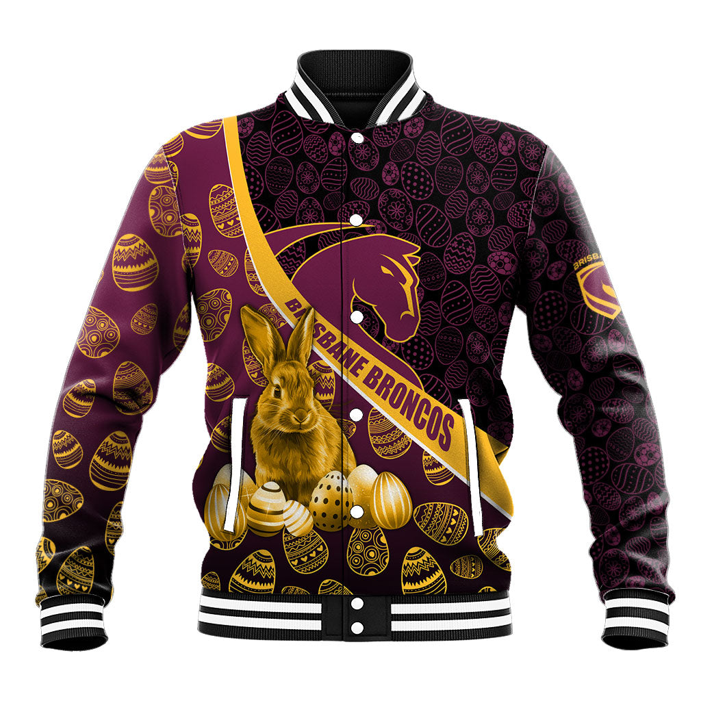 Brisbane Broncos Easter Day Baseball Jacket Bunny and Egg Pattern in Gold Maroon Festive Style