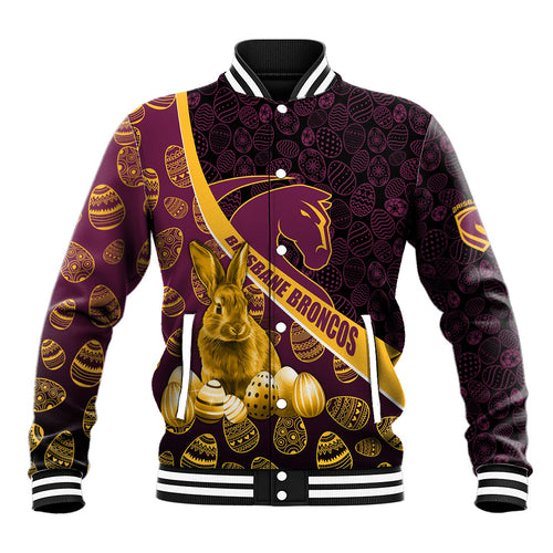 Brisbane Broncos Easter Day Baseball Jacket Bunny and Egg Pattern in Gold Maroon Festive Style