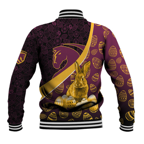Brisbane Broncos Easter Day Baseball Jacket Bunny and Egg Pattern in Gold Maroon Festive Style