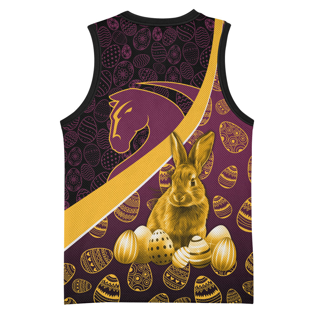 Brisbane Broncos Easter Day Basketball Jersey Bunny and Egg Pattern in Gold Maroon Festive Style
