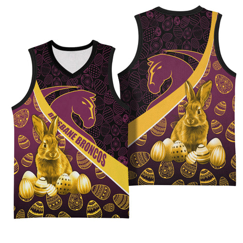 Brisbane Broncos Easter Day Basketball Jersey Bunny and Egg Pattern in Gold Maroon Festive Style