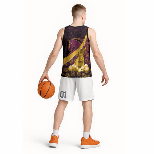 Brisbane Broncos Easter Day Basketball Jersey Bunny and Egg Pattern in Gold Maroon Festive Style