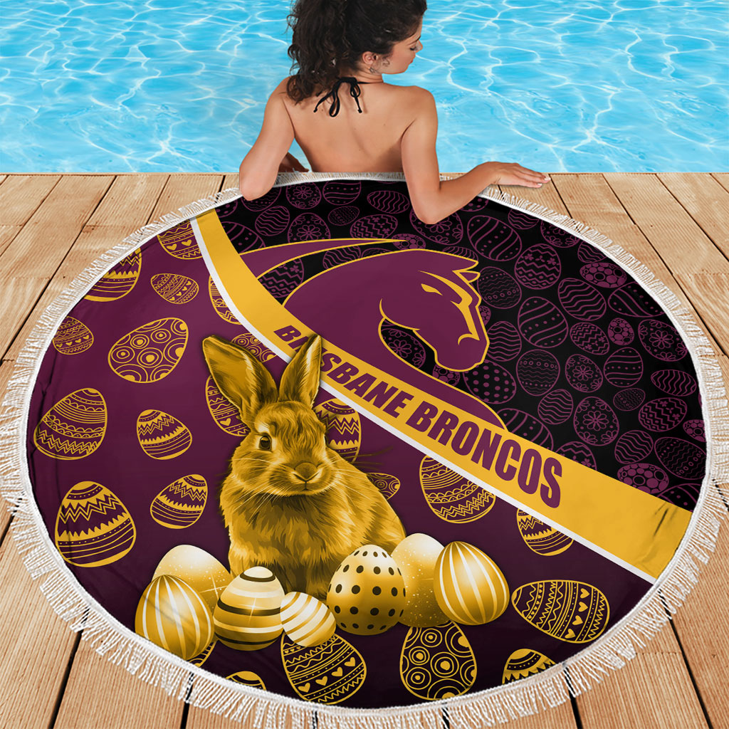 Brisbane Broncos Easter Day Beach Blanket Bunny and Egg Pattern in Gold Maroon Festive Style