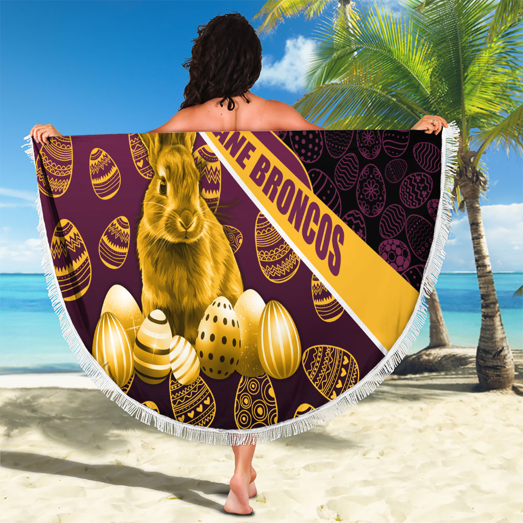 Brisbane Broncos Easter Day Beach Blanket Bunny and Egg Pattern in Gold Maroon Festive Style