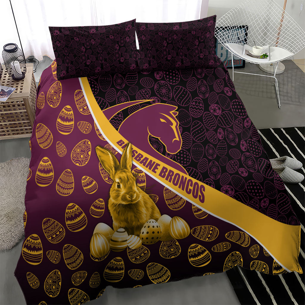 Brisbane Broncos Easter Day Bedding Set Bunny and Egg Pattern in Gold Maroon Festive Style