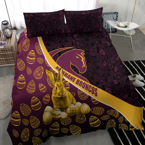 Brisbane Broncos Easter Day Bedding Set Bunny and Egg Pattern in Gold Maroon Festive Style
