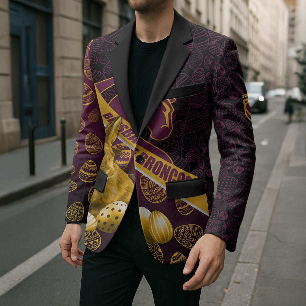 Brisbane Broncos Easter Day Blazer Bunny and Egg Pattern in Gold Maroon Festive Style