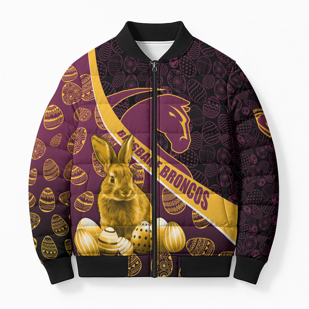 Brisbane Broncos Easter Day Bomber Puffer Jacket Bunny and Egg Pattern in Gold Maroon Festive Style