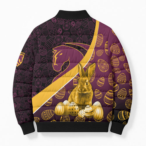 Brisbane Broncos Easter Day Bomber Puffer Jacket Bunny and Egg Pattern in Gold Maroon Festive Style