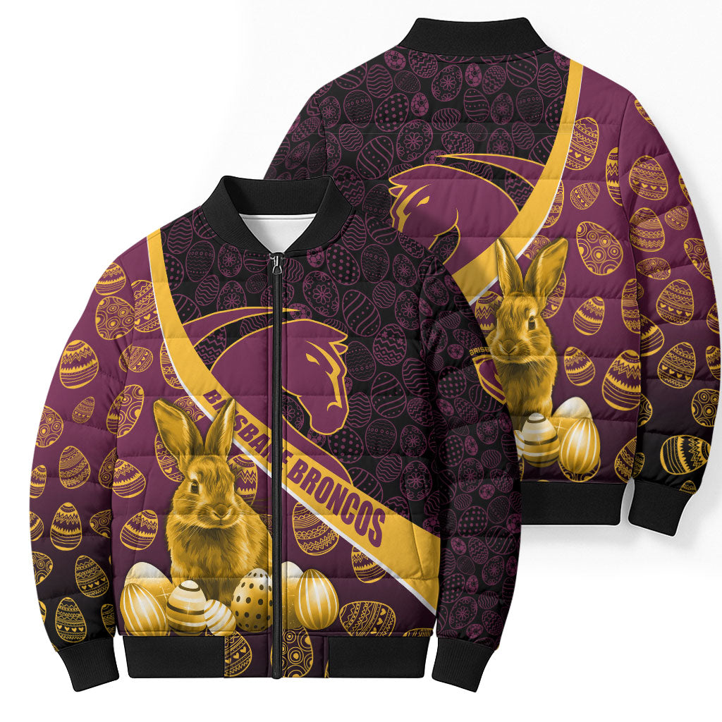 Brisbane Broncos Easter Day Bomber Puffer Jacket Bunny and Egg Pattern in Gold Maroon Festive Style