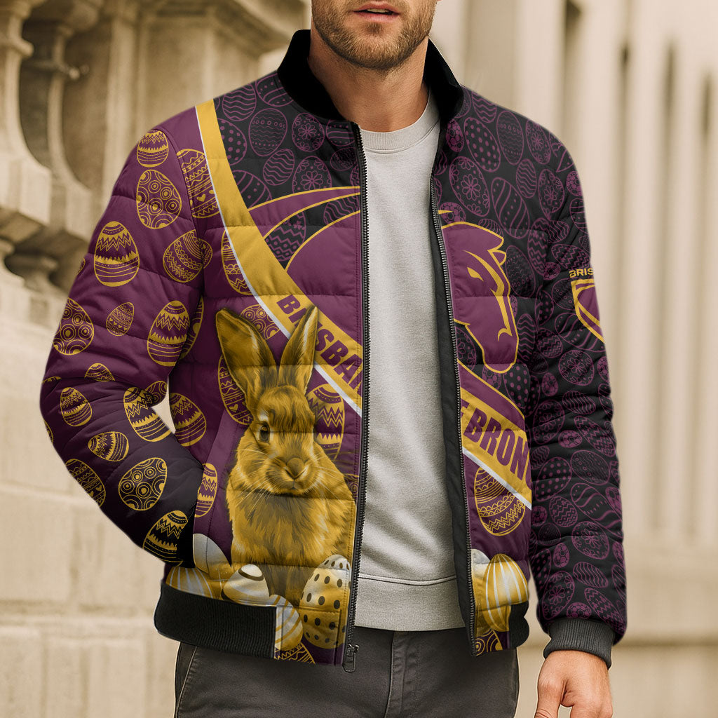 Brisbane Broncos Easter Day Bomber Puffer Jacket Bunny and Egg Pattern in Gold Maroon Festive Style