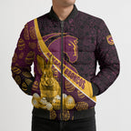 Brisbane Broncos Easter Day Bomber Puffer Jacket Bunny and Egg Pattern in Gold Maroon Festive Style