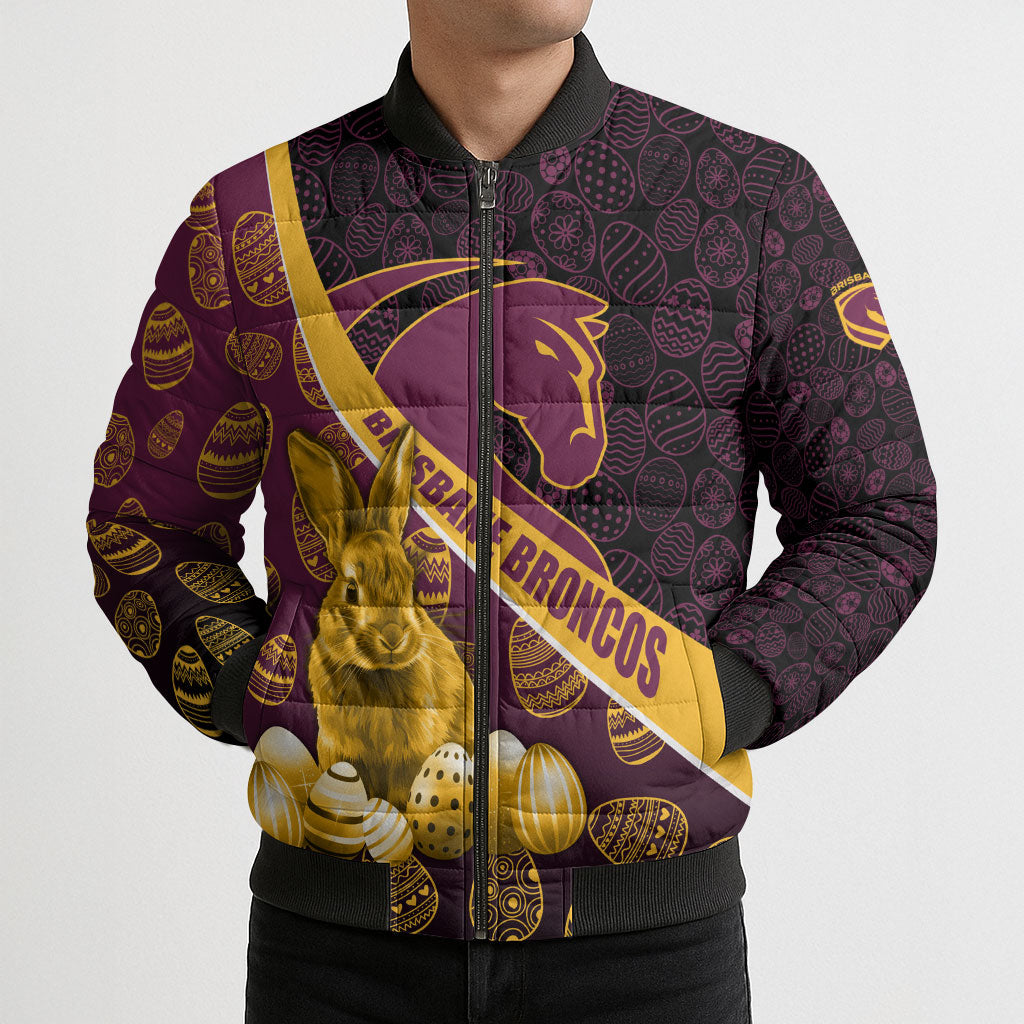 Brisbane Broncos Easter Day Bomber Puffer Jacket Bunny and Egg Pattern in Gold Maroon Festive Style