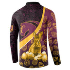 Brisbane Broncos Easter Day Button Sweatshirt Bunny and Egg Pattern in Gold Maroon Festive Style