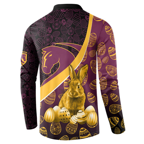 Brisbane Broncos Easter Day Button Sweatshirt Bunny and Egg Pattern in Gold Maroon Festive Style